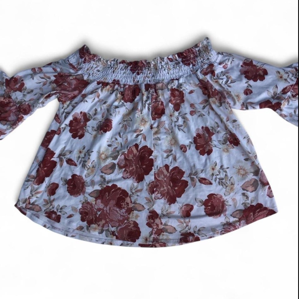 Floral Top Light red floral off-the-shoulder blouse with bell sleeves